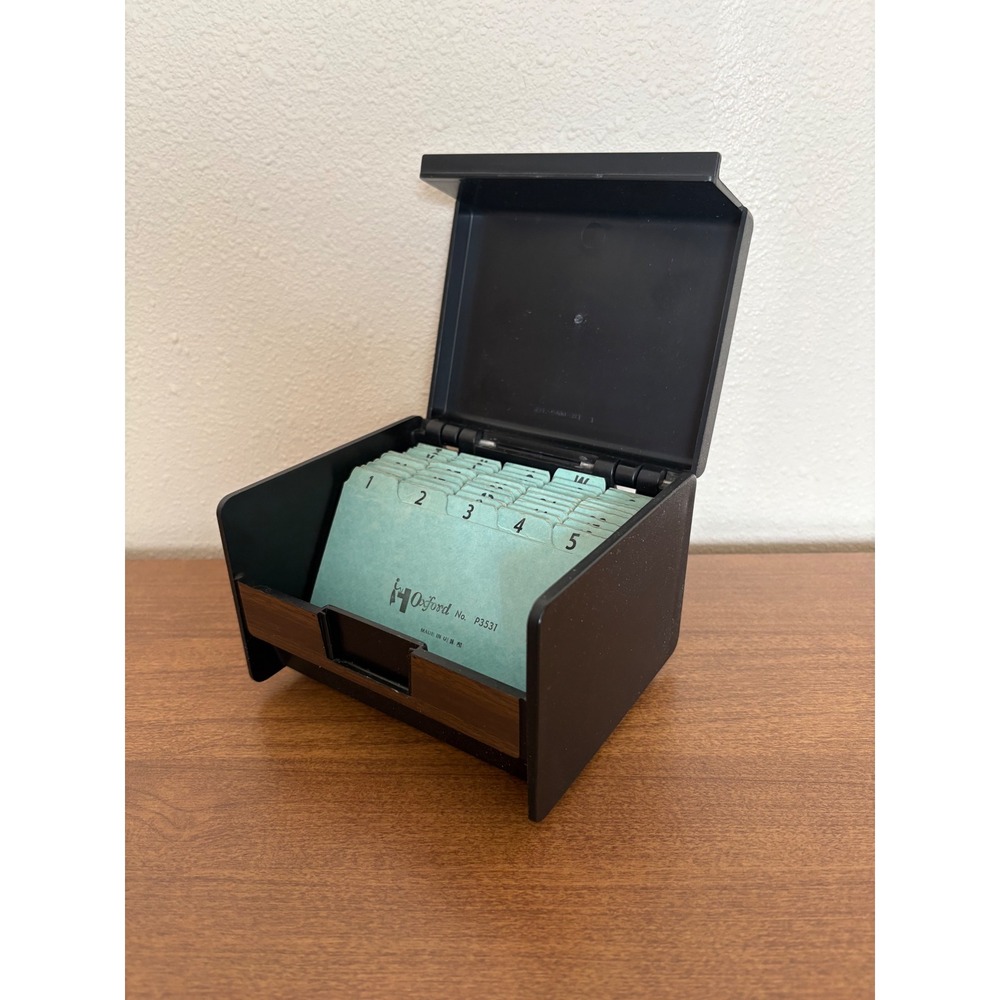 Vintage Rubbermaid 2400 Index Card File Box Black Woodgrain with Oxford Dividers